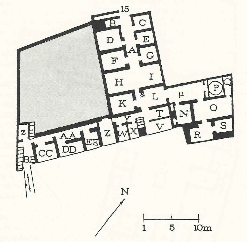 VII.15.16 Pompeii. Plan of lower underground areas.
See Franklin, J. L. (Jnr) 1990. Pompeii, the Casa del Marinaio and its history. SAP, monograph 3. Roma; L’Erma di Bretschneider, (p.24, fig. 4).
